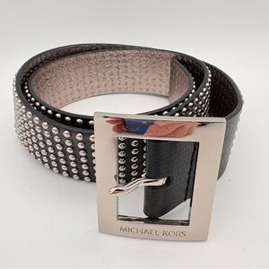 Michael Kors Black Studded Wide Belt Silver Square Logo Buckle Size Small 36.5"